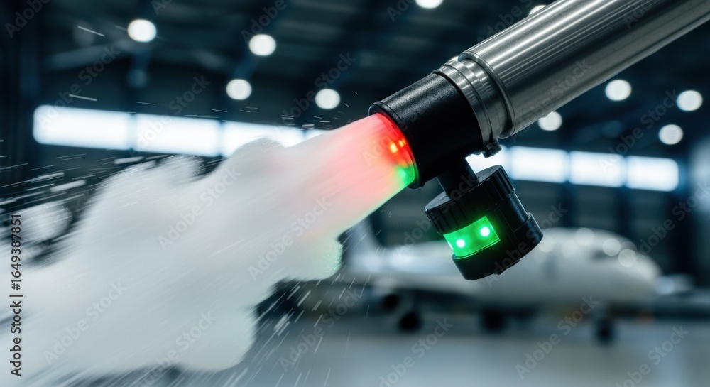 Poster upclose of safety sensors triggering foam nozzle activation during hangar fire safety system functio