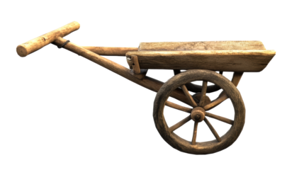 Rustic wooden cart with large spoked wheel on white background, cut out transparent