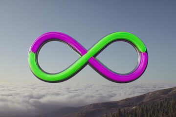 Vibrant infinity symbol,  green and purple,  over clouds, mountains