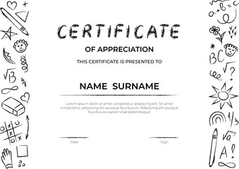 Cute kids certificate template in hand drawn doodle style. Fun chalk style border with school themed elements: stars, sun, rainbow, numbers, and geometric shapes. Editable vector layout for