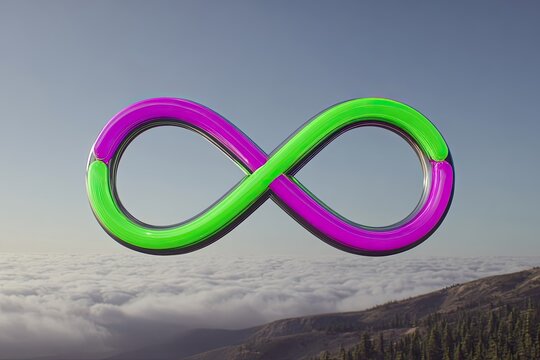 Vibrant infinity symbol,  green and purple,  over clouds, mountains