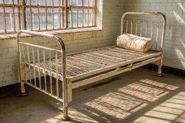 Rusty metal hospital bed in sunlit room