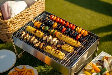 Grilled vegetable and chicken skewers with corn on the cob on a picnic