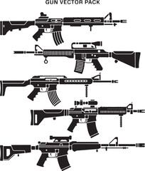 Five Assault Rifle Silhouettes with Scopes and Accessories firearm weapon