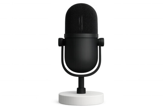 Black professional microphone mounted on sleek white stand, hovering against transparent backdrop, prepared for audio recording