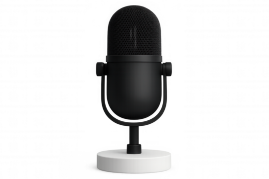 Black professional microphone mounted on sleek white stand, hovering against transparent backdrop, prepared for audio recording
