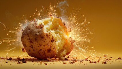 Exploding baked potato, sparks and steam