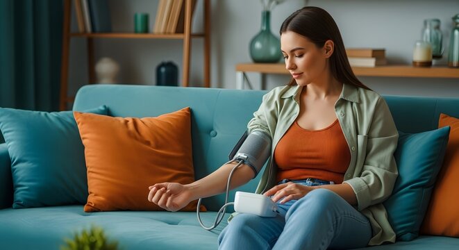 Young woman checking blood pressure at home, sitting on sofa, using a digital monitor for health and wellness, ensuring accurate measurement