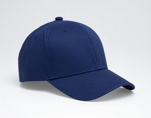 Blank dark blue baseball cap side view. Fashionable headwear accessory template isolated on a light background.