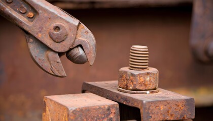 Rusty Bolt And Nut With Old Pliers Close Up