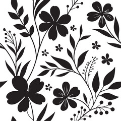 Seamless floral silhouette pattern with elegant black botanical leaves and blooming flowers on white background, perfect for fabric design, wallpaper, wrapping paper, and modern vector art.