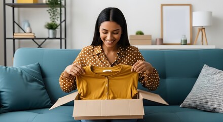 Woman unpacking shirt from online shopping order at home, happy with fashion purchase and retail service, enjoying convenient delivery experience