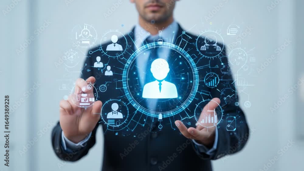 Aufkleber man using mobile payment holding circle icon global network connection. 4k video