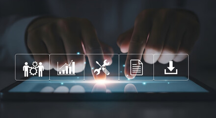 Modern businessperson interacts with digital interface showcasing team, growth, tools, documents, and downloads