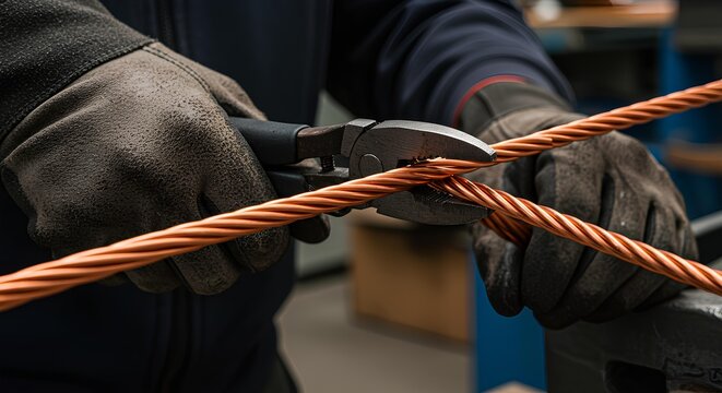 Close Up Of Worker'S Hands In Gloves Using Pliers To Cut Copper Wire - Powered by Adobe