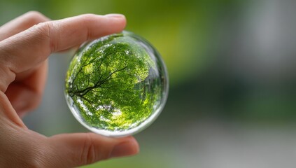 A hand holds a crystal ball, showcasing a miniature cityscape with vibrant green foliage and a central tree