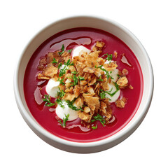 Vibrant Magenta Beetroot Soup with Goat Cheese and Crispy Beet Topping in a Shallow Bowl