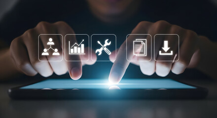 Modern digital interface with icons for business analytics, tools, documents, and downloads