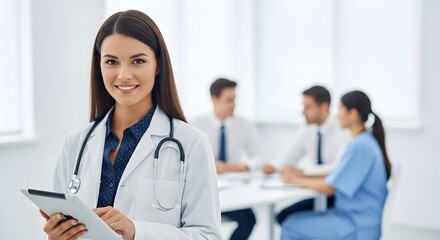 Fototapeta premium Confident female doctor in white coat holding clipboard, smiling in a hospital setting, with medical team in the background during meeting