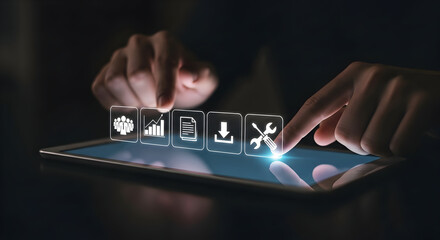 Engaging digital interface with icons for business analytics, documents, downloads, and tools