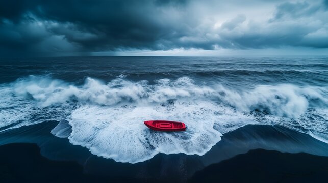 Vibrant red boat on the black sea with dramatic waves and moody skies at dusk