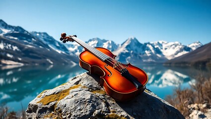 A violin resting on a rock overlooking a serene lake surrounded by snow capped mountains in the distance