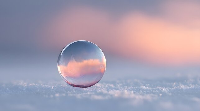 Macro inside a soap bubble resting on snow