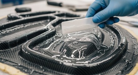 Closeup on epoxy resin being carefully spread across complex composite layup molds used in satellitelaunch fairing construction.