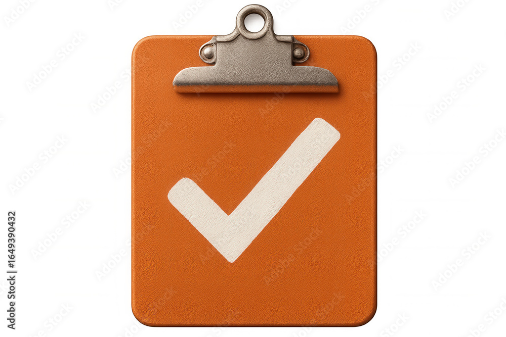 Poster orange clipboard displaying checkmark, indicating task completion, validation against transparent ba