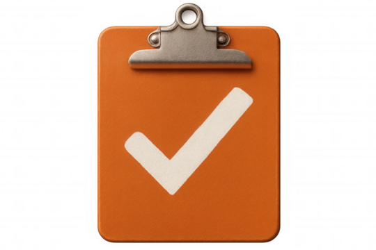 Orange clipboard displaying checkmark, indicating task completion, validation against transparent backdrop