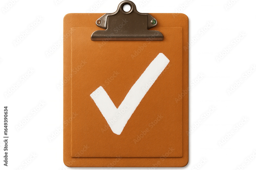 Poster orange clipboard displaying checked document, signaling task completion, validation, and approval ag