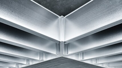 Modern industrial steel beams in construction site with cool tones and abstract composition, highlighting engineering and design aesthetics
