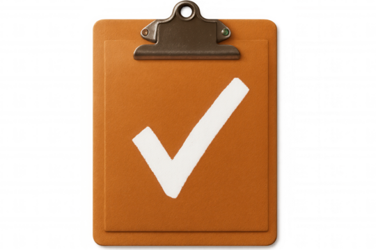 Orange clipboard displaying checked document, signaling task completion, validation, and approval against transparent backdrop
