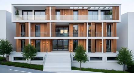Fototapeta premium Modern residential building with vertical wooden louvers and balconies showcasing contemporary architecture