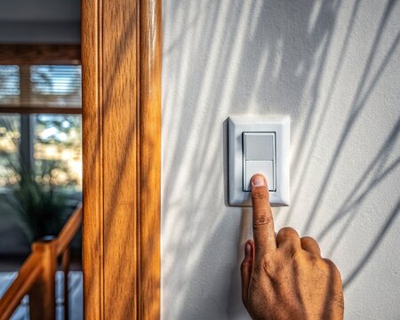 Hand pressing a dimmer light switch on a sunlit wall. Concept of home energy conservation, electricity saving, and smart living.