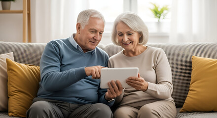 Happy mature couple using tablet together at home, connecting with family and friends online