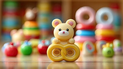 Yellow bear toy, infinity symbol, colorful playthings