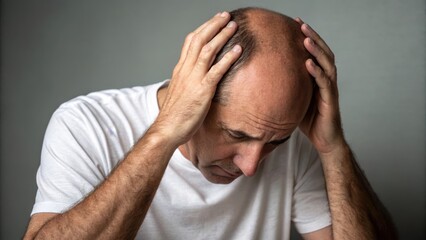 Fototapeta premium Concerned man with bald head feeling stress and anxiety indoors