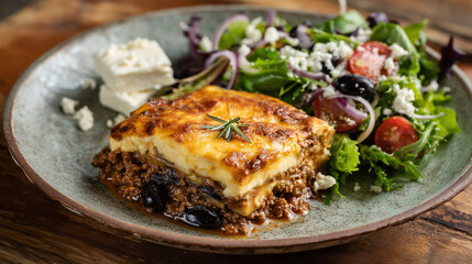 A rustic plate featuring a rich slice of Greek moussaka layered with savory minced meat, tender vegetables, and creamy béchamel, topped with a sprig of rosemary. It is served alongside a fresh salad o