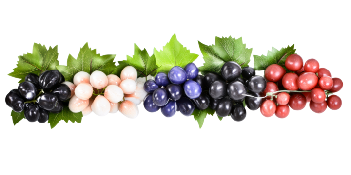 Assortment of vibrant grape clusters with green leaves on white background, cut out transparent