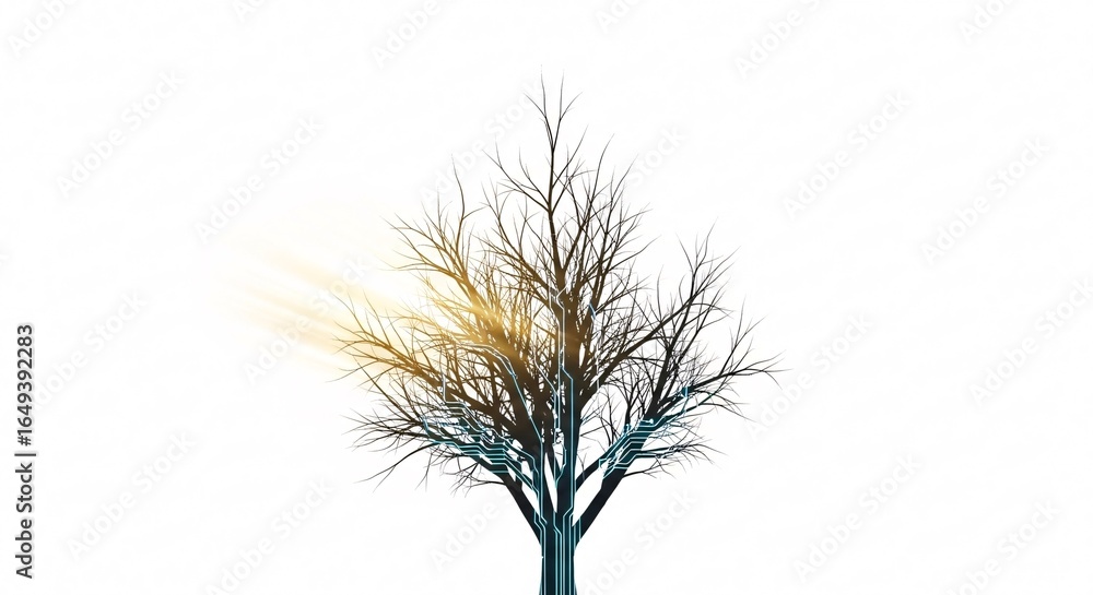 Poster an abstract tree formed from circuit board patterns is set against a white backdrop.