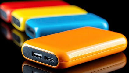 Four colorful portable power banks in a row, reflected on a dark surface