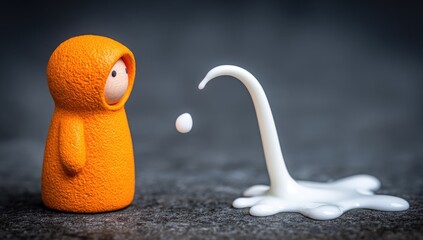 Orange hooded figure confronts a milk splash