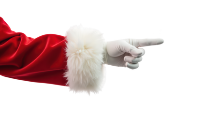 Festive red sleeve with fluffy white cuff extends gloved hand, pointing in cheerful manner. This evokes sense of holiday spirit and joy