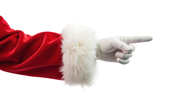 Festive red sleeve with fluffy white cuff extends gloved hand, pointing in cheerful manner. This evokes sense of holiday spirit and joy