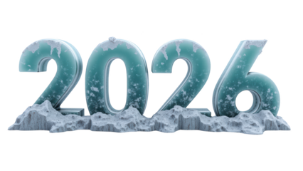2026 in icy blue with snow accents, representing winter and new year, evokes sense of freshness and anticipation