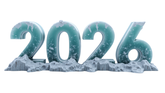2026 in icy blue with snow accents, representing winter and new year, evokes sense of freshness and anticipation