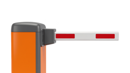 Automated barrier gate with orange and gray casing, featuring white arm with red markings, designed for vehicle access control