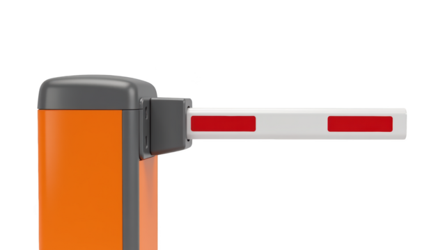 Automated barrier gate with orange and gray casing, featuring white arm with red markings, designed for vehicle access control