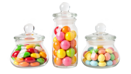Colorful candy jars filled with vibrant sweets create cheerful and inviting display. glass containers showcase variety of shapes and colors